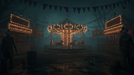 a spooky carnival scene: a ghostly carousel surrounded by clowns in an eerie, dimly lit fairground setting filled with dark atmosphere and haunting elements