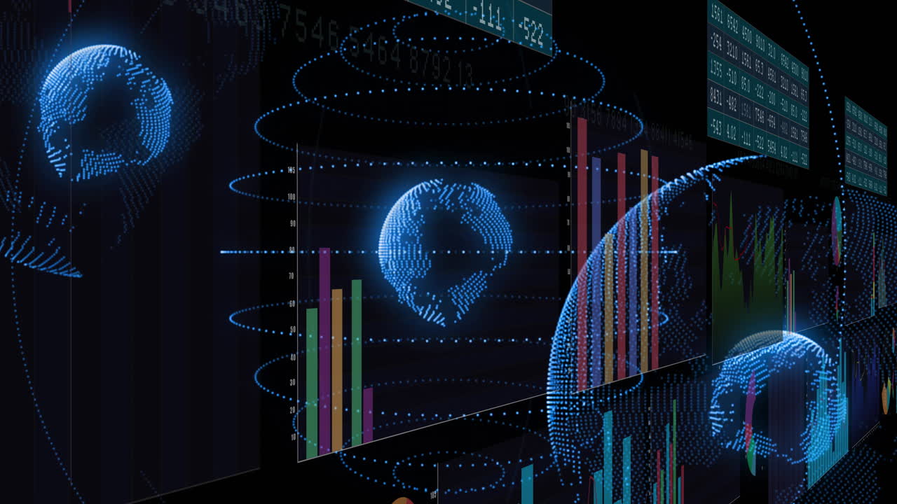 Animation of digital globe with data charts, illustrating global analytics in school
