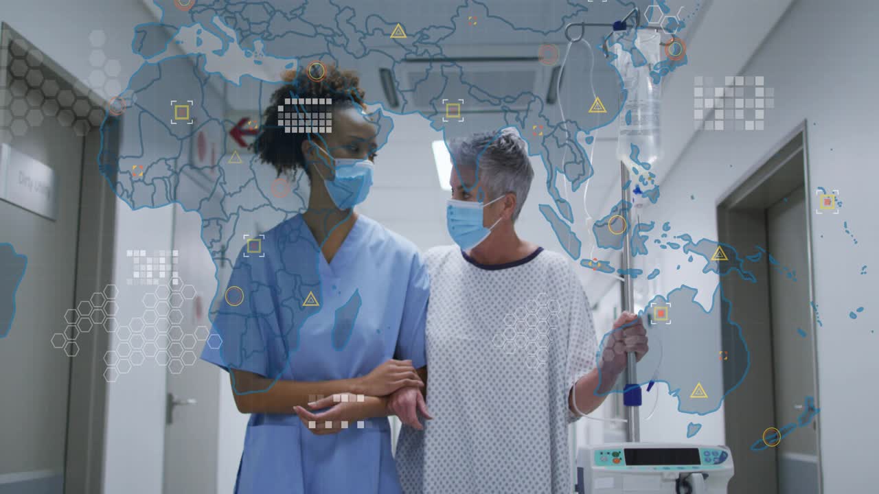 Paziente che stringe l'asta per flebo e infermiera che lo guida nel corridoio, mappa esagonale del mondo che mostra i dati medici