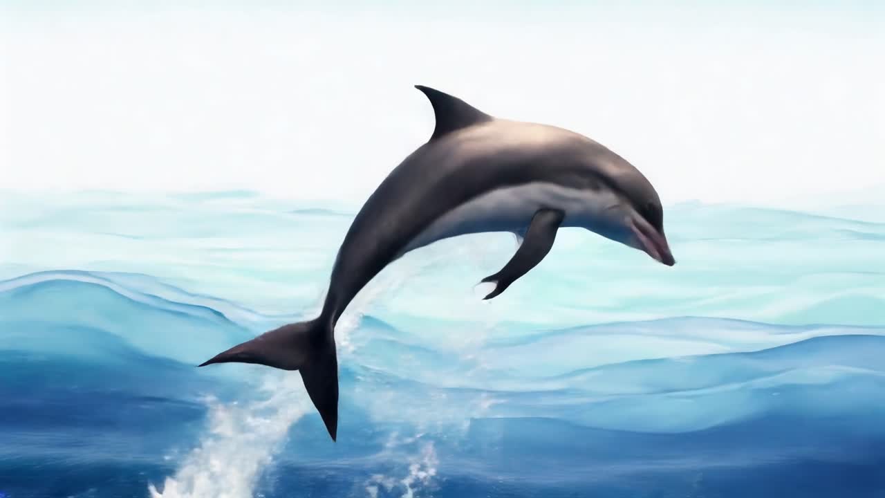 Un delfino salta con grazia sopra l'oceano, ripreso in uno scatto dinamico dal basso, mostrando fluidità.