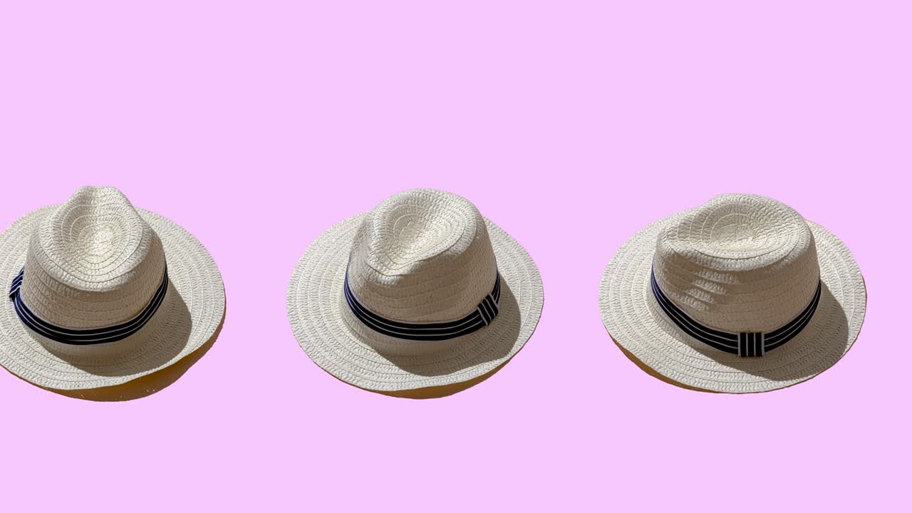 white straw wicker hat on a pink color background. seamless looping animation with hard shadows of the sun. minimal concept of travel and vacation
