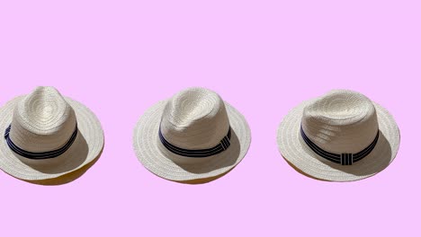 white straw wicker hat on a pink color background. seamless looping animation with hard shadows of the sun. minimal concept of travel and vacation