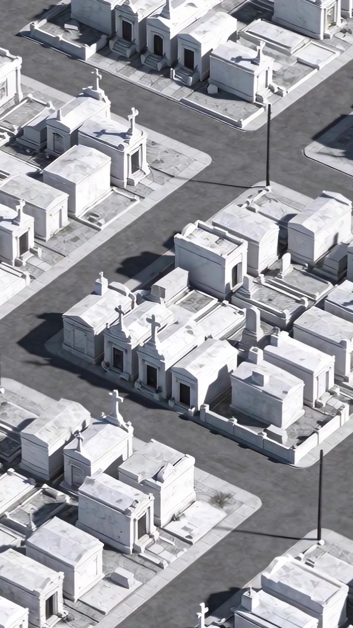 Vertical video: Moving camera tilting, revealing white tombs at cemetery showing crosses and lanes