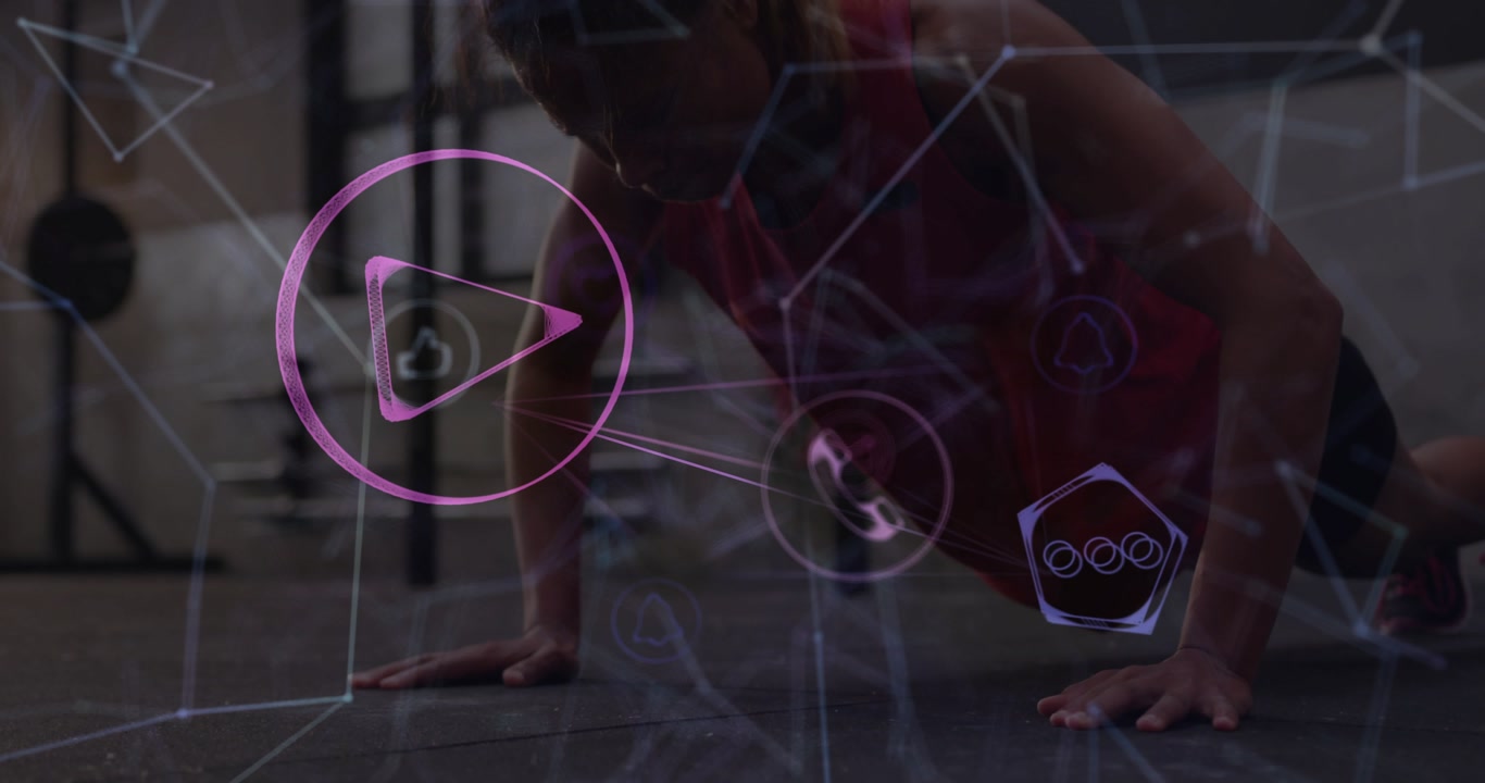Woman rising from push-up into squat jumping for fitness, hologram phone heart envelope orbiting