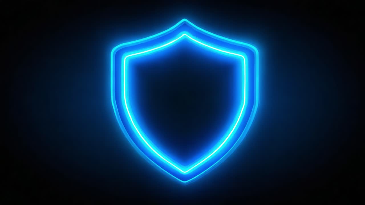 A Stunning Display of Digital Design: A Vibrantly Glowing Blue Neon Shield Symbolizing Protection and Security in a Dark Background