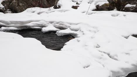 Die-Kamera-Fährt-Langsam-Aus-Dem-Kalten-Strom-Hoch,-Um-Den-Umgebenden-Schnee-Zu-Enthüllen