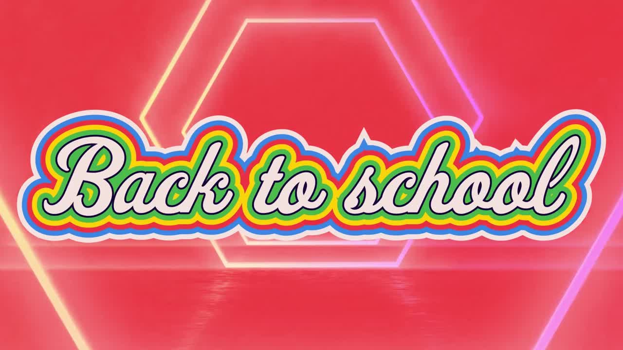 ⁇ 은 배경의 육각형 위에 학교로 돌아가는 레트로 텍스트의 애니메이션