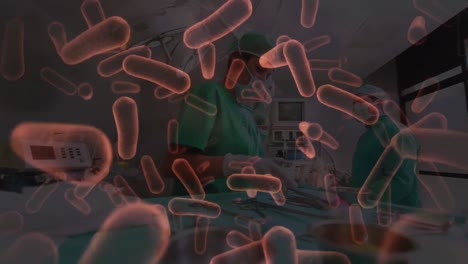 animation of virus and bacteria cells floating over surgeons in face masks