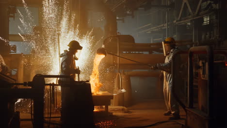 steel mill workers pouring molten metal