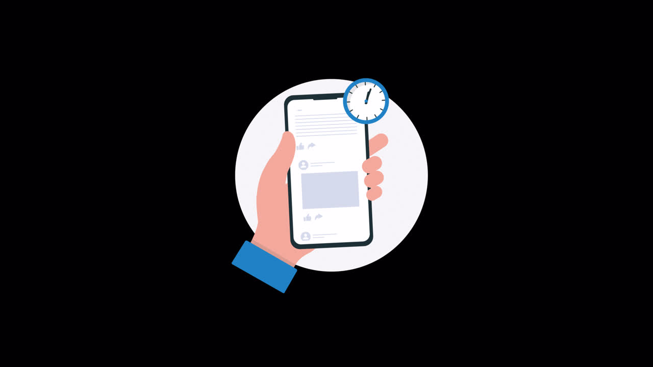 Animated Hand Holding Smartphone with Social Media Feed and Clock Icon