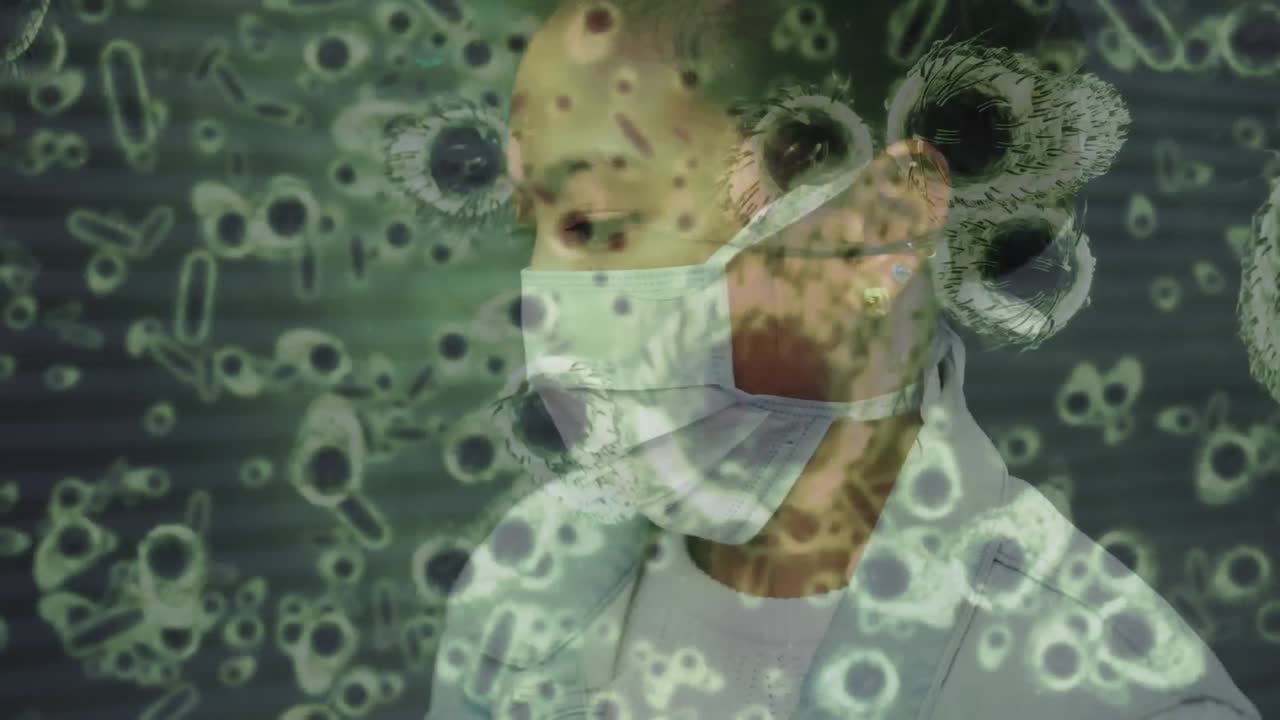 animación de células de covid-19 que se mueven sobre una mujer con máscara facial