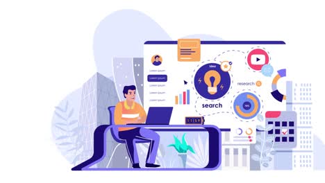 Mann-Arbeitet-Mit-Statistiken,-Diagrammen-Und-Infografiken-2D-Flachanimation-4k