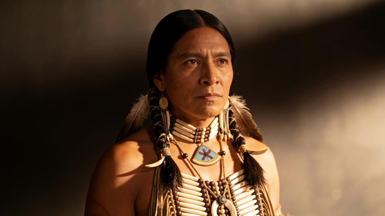 Stehender indigener Mann hält den Blickkontakt, während die Kamera im Studio heranzoomt und Halskette sowie Anhänger hervorhebt.