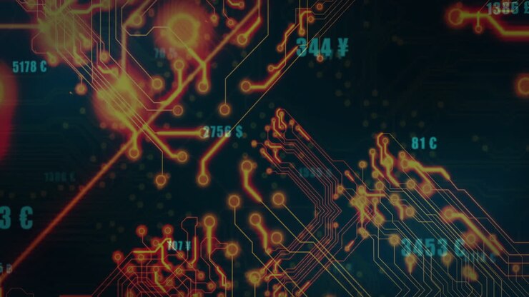 Animazione di circuito stampato e simboli di valuta su visualizzazione di dati finanziari