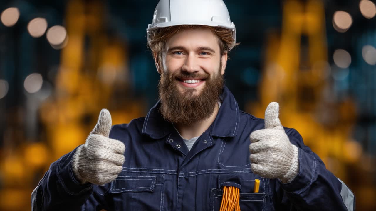 A confident worker with a helmet and gloves enthusiastically demonstrates safety and positivity in a modern industrial environment, embodying professionalism and teamwork