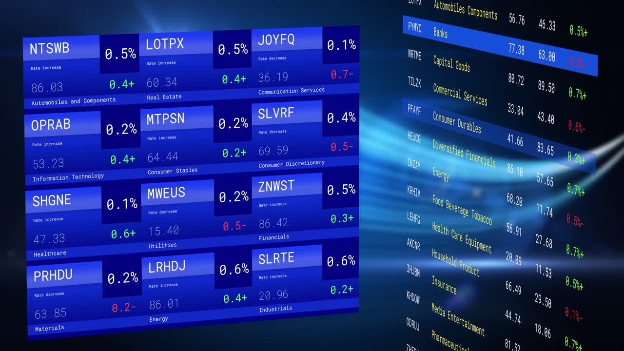 Animation of financial data processing over dark background