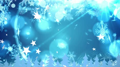 Animation-Von-Weihnachtssternen-Und-Schneeflocken,-Die-Auf-Blauen-Hintergrund-Fallen