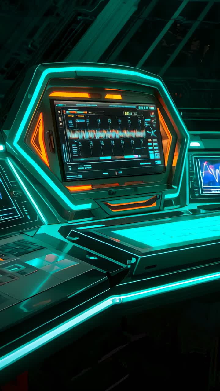 Vertical video: Hex display receiving signal and streaming data in bridge panel, with neon glow