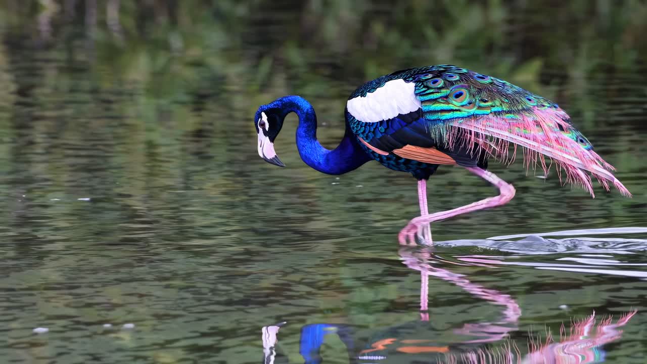 Peacock-Flamingo Hybrid Bird in a Wetland