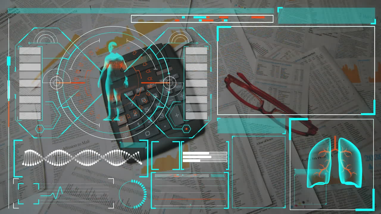 animación de la interfaz digital con procesamiento de datos médicos sobre gafas que caen sobre documentos