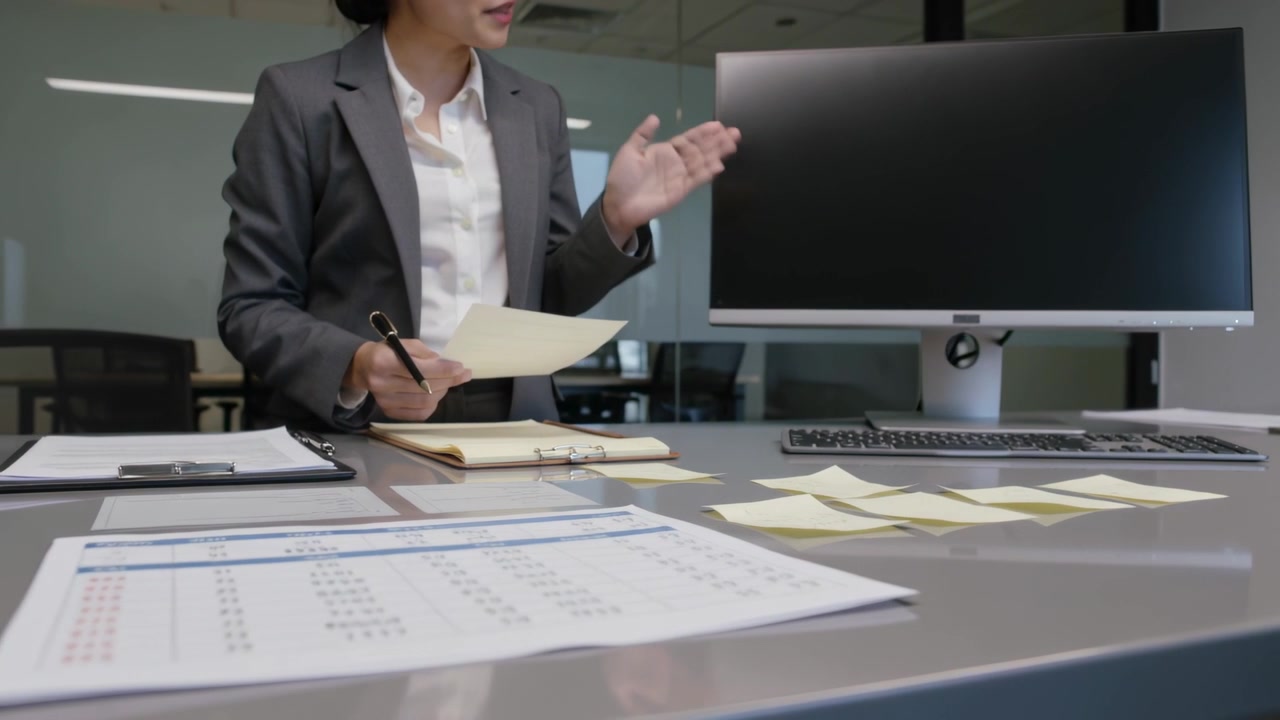Mujer con blazer recogiendo una hoja, revisando la preparación de la reunión en una mesa con papeles y notas adhesivas.
