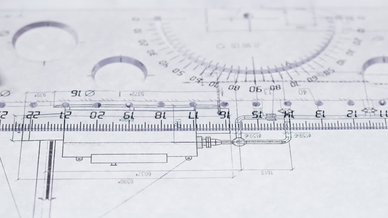 Close-up of a hand using a ruler and pen on a technical drawing or blueprint