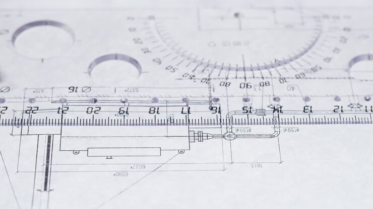 Close-up of a hand using a ruler and pen on a technical drawing or blueprint