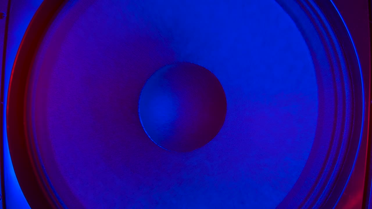 gran membrana redonda de altavoz de bajo que emite sonidos y vibraciones, rebotando al ritmo. parte del altavoz. cerca. movimiento lento