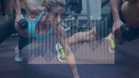 animación de procesamiento de datos estadísticos sobre una pareja caucásica en forma que trabaja juntos en el gimnasio