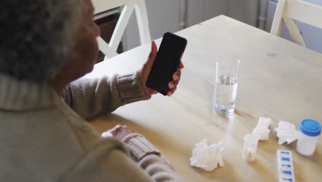 Mujer-Afroamericana-Mayor-Que-Tiene-Una-Videollamada-En-Un-Teléfono-Inteligente-En-Casa