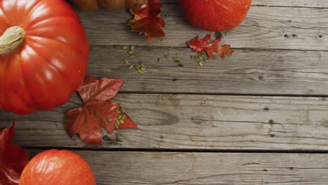 Video-of-pumpkins-and-autumn-leaves-on-wooden-background