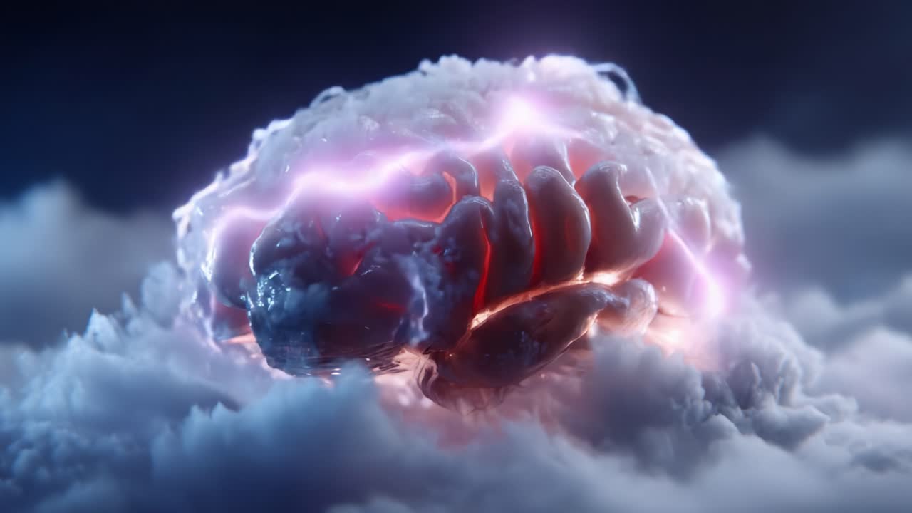 A Stunning Visual of a Surreal Brain Surrounded by Electric Clouds, Symbolizing the Power of Thought and Imagination in a Dreamlike Environment