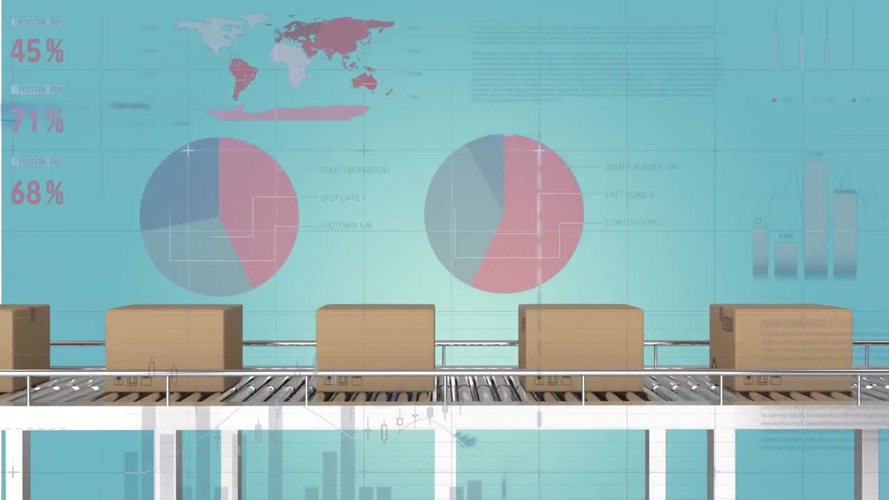 파란색 배경에 컨베이어 벨트에 배달 상자에 대한 통계 데이터 처리의 애니메이션