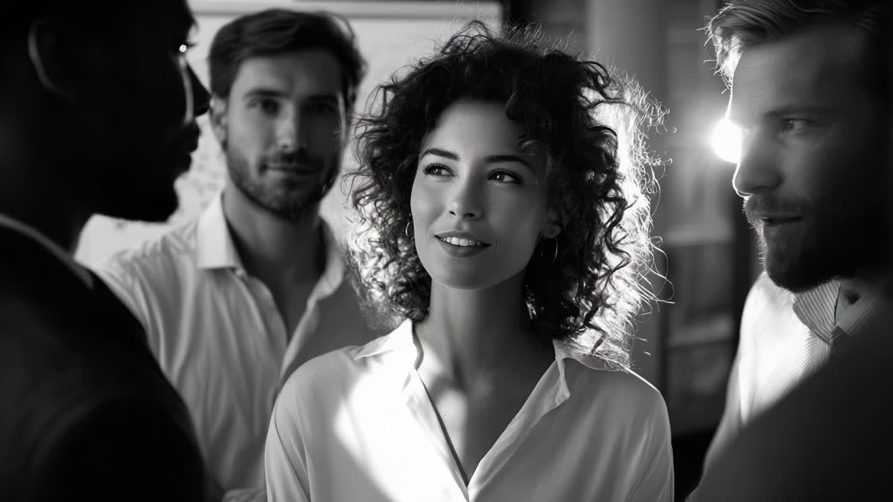 Engaging Conversation Among Four Individuals in a Black-and-White Scene: A Woman at the Center Captivatingly Interacts with Three Men in a Professional Setting, Highlighting Expressions and Emotions
