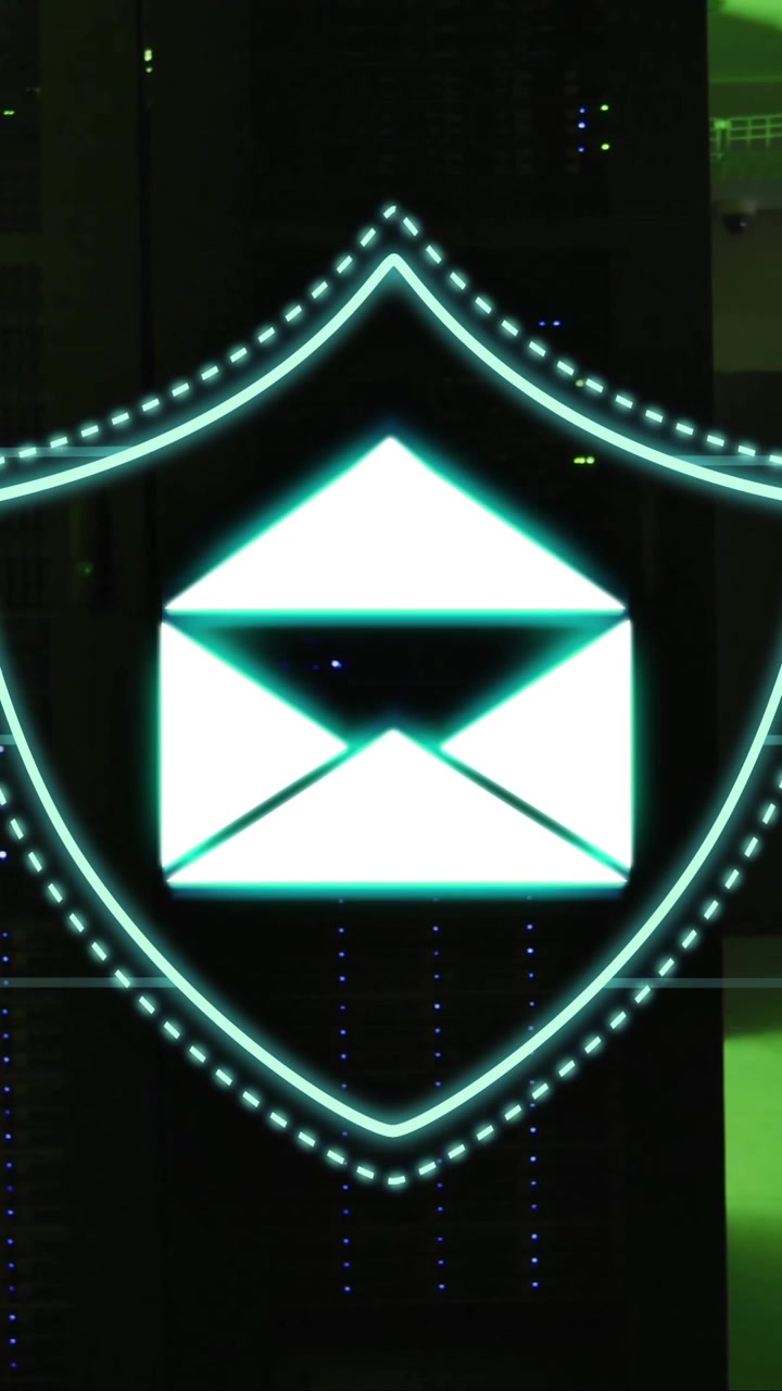 Animating email security over server room background in tech environment