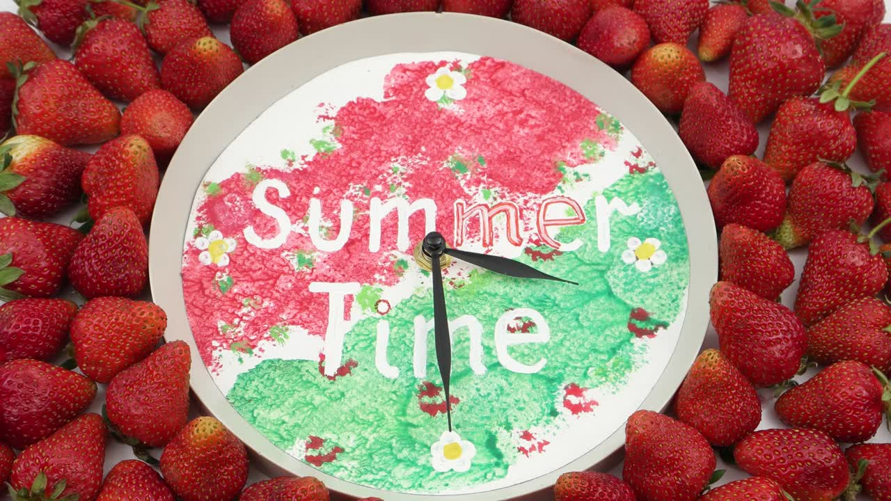 Clock face with moving hands and fresh strawberries, time lapse