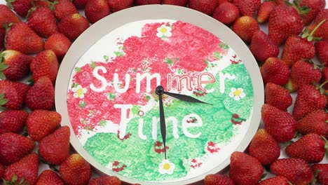 clock face with moving hands and fresh strawberries, time lapse
