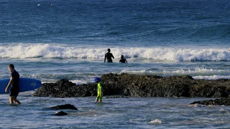 surfers and swimmers enjoy waves near rocky shores