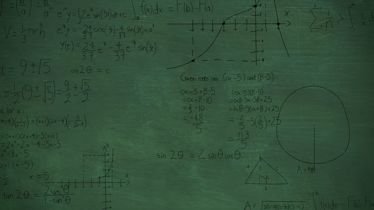 Mathmatical calculations in black on a green chalkboard background 4k