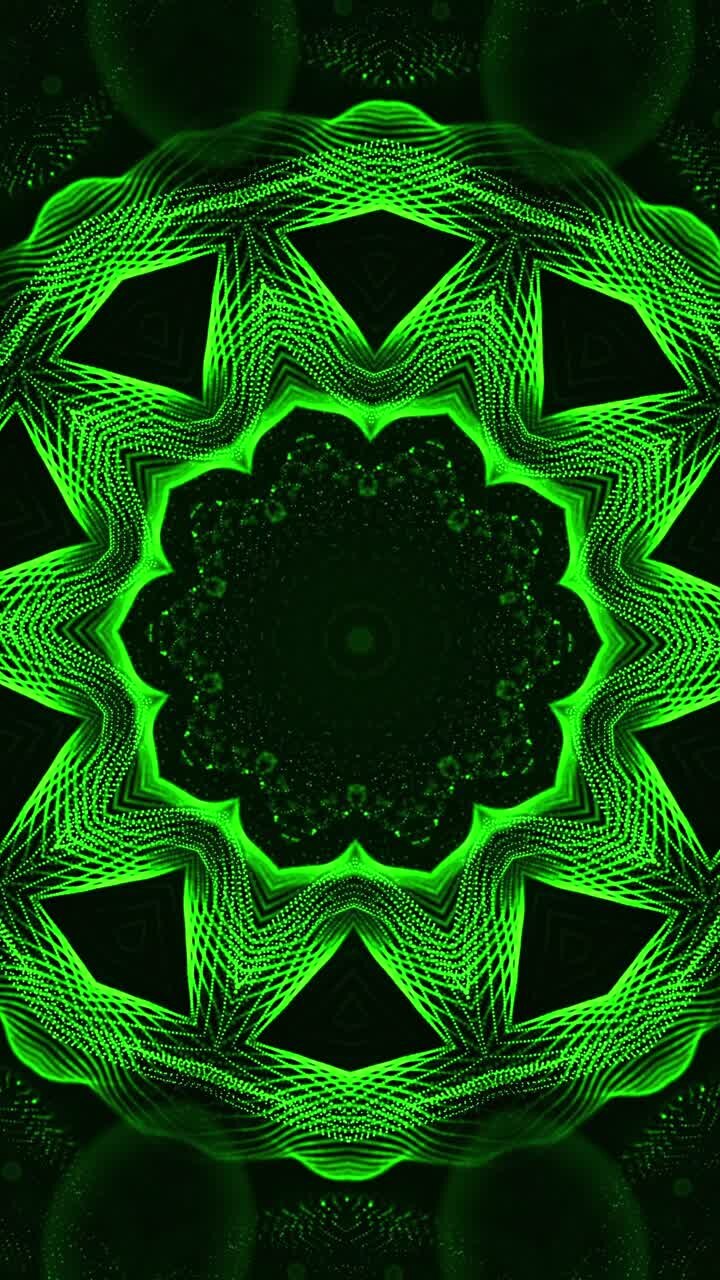 Green and black background with star pattern on it. Kaleidoscope VJ loop Vertical
