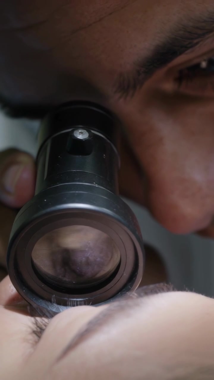 Vertical video: Moving loupe doctor peering over client brow for exam in clinic in neutral clothes