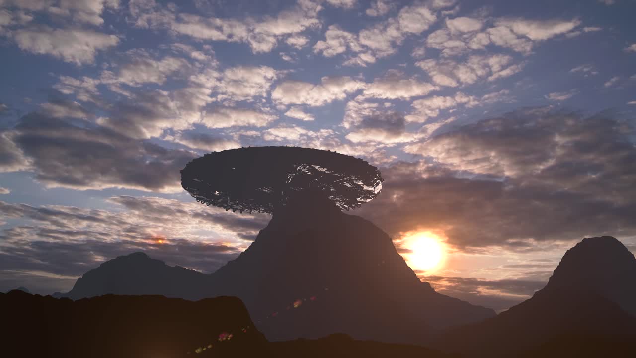 UFO over mountain at sunset