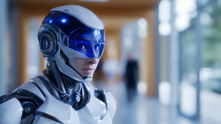 Un robot umanoide futuristico con un design elegante caratterizzato da dettagli blu e tecnologia avanzata, in piedi con sicurezza in un ambiente moderno e ben illuminato