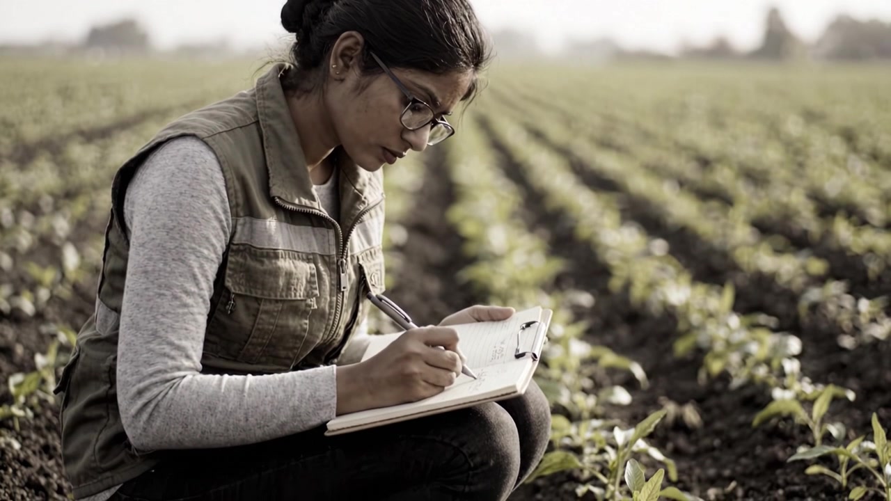 Una giovane donna esamina e registra dati agricoli mentre è inginocchiata in un campo verde vibrante, incarnando la dedizione all'agricoltura e alla ricerca nei paesaggi rurali