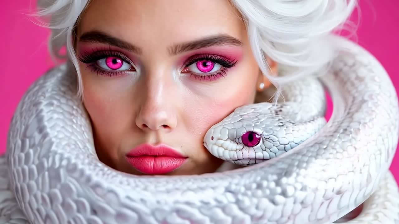 A woman with white hair and pink eyes holding a white snake