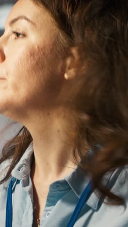 vertical video close up of woman sitting at office desk, solving tasks during job shift