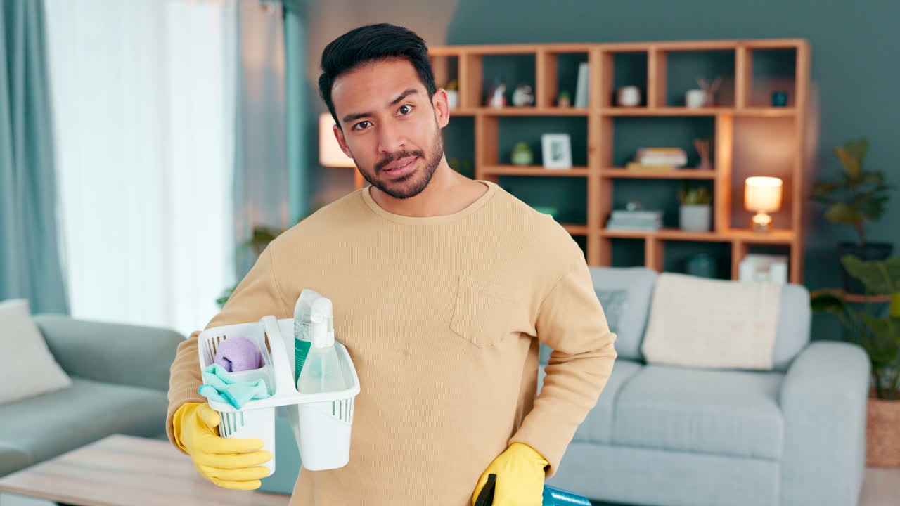 un joven divertido limpiando su casa, siendo juguetón