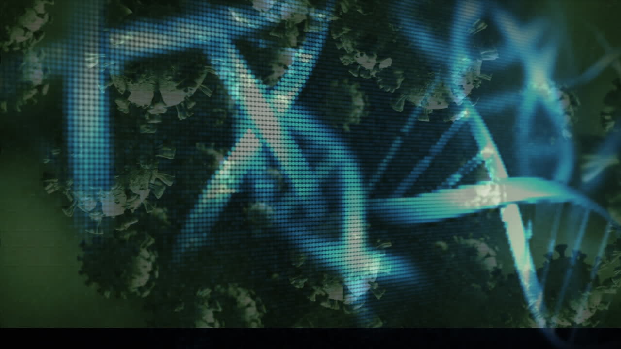 dna 구조와 녹색 배경에 있는 코로나19 세포