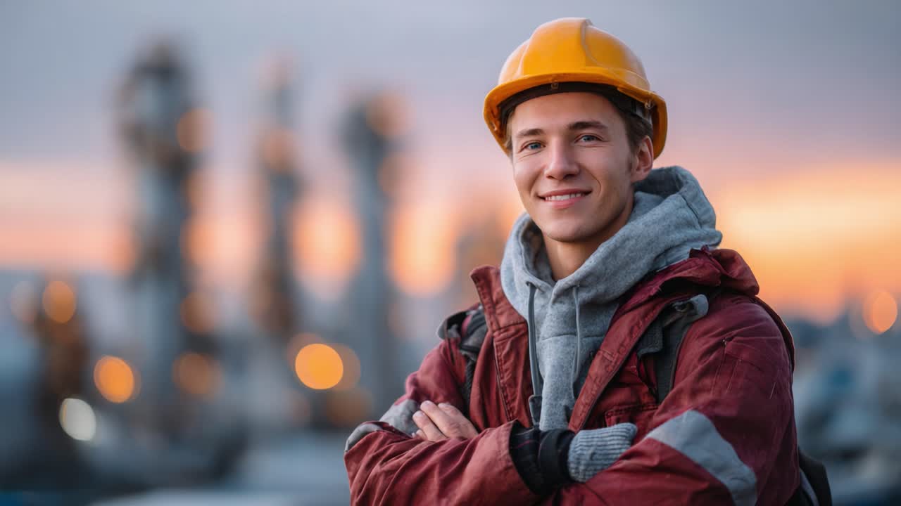A Young Worker in Safety Gear Smiles Confidently at Sunset, Highlighting the Spirit of Industrial Labor and the Importance of Safety on Construction Sites
