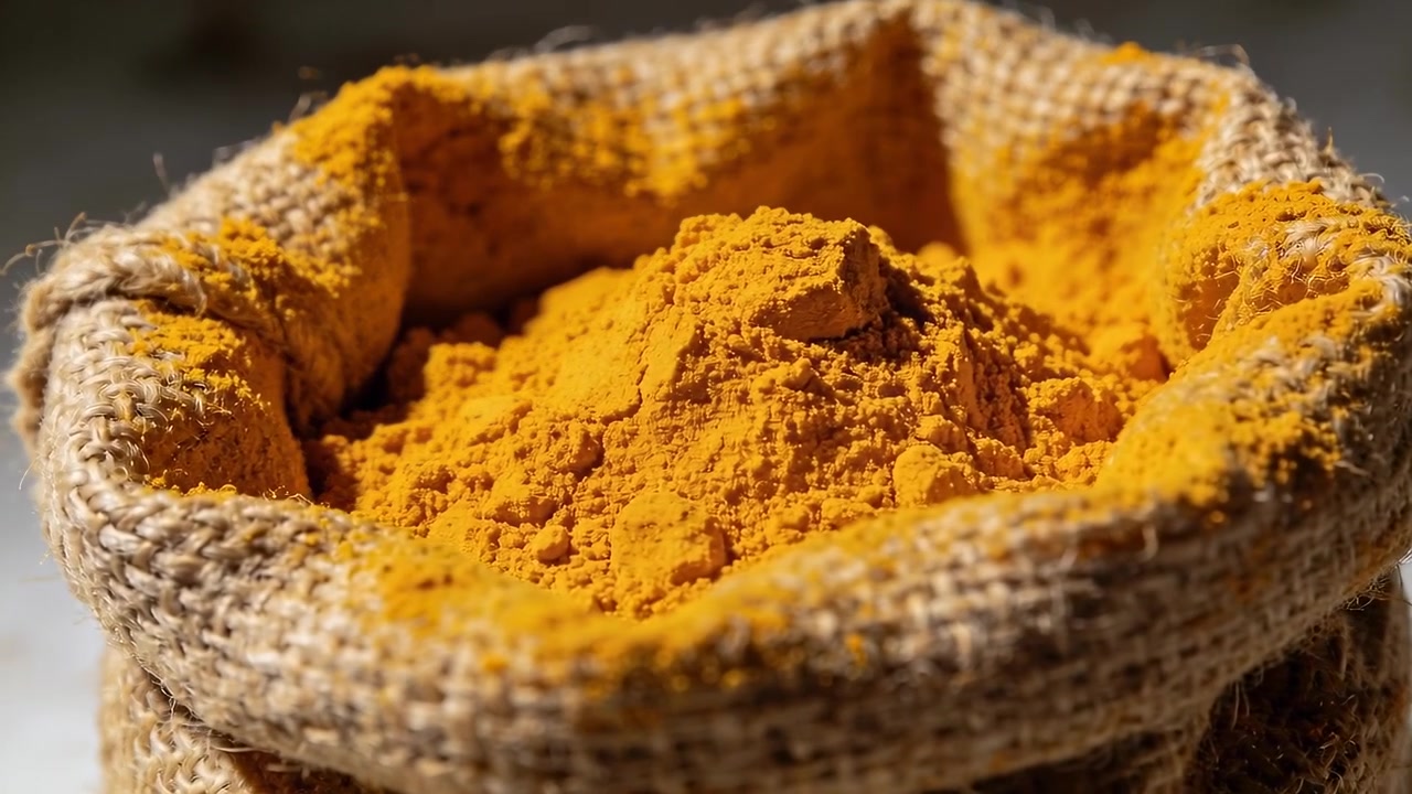 Tightening camera revealing texture of turmeric powder in burlap sack on countertop, frayed rope